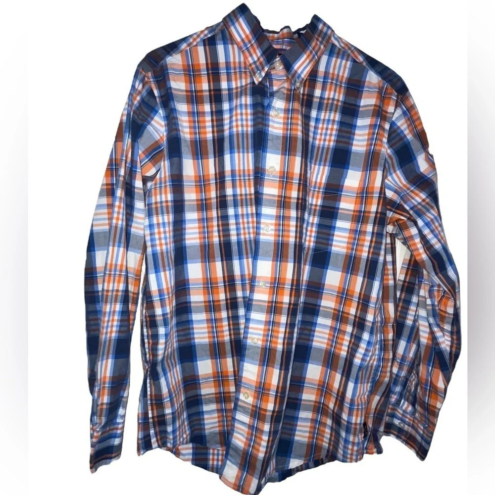 Chaps Medium Men’s Plaid Button Shirt  Cotton White Blue Orange Ralph Lauren